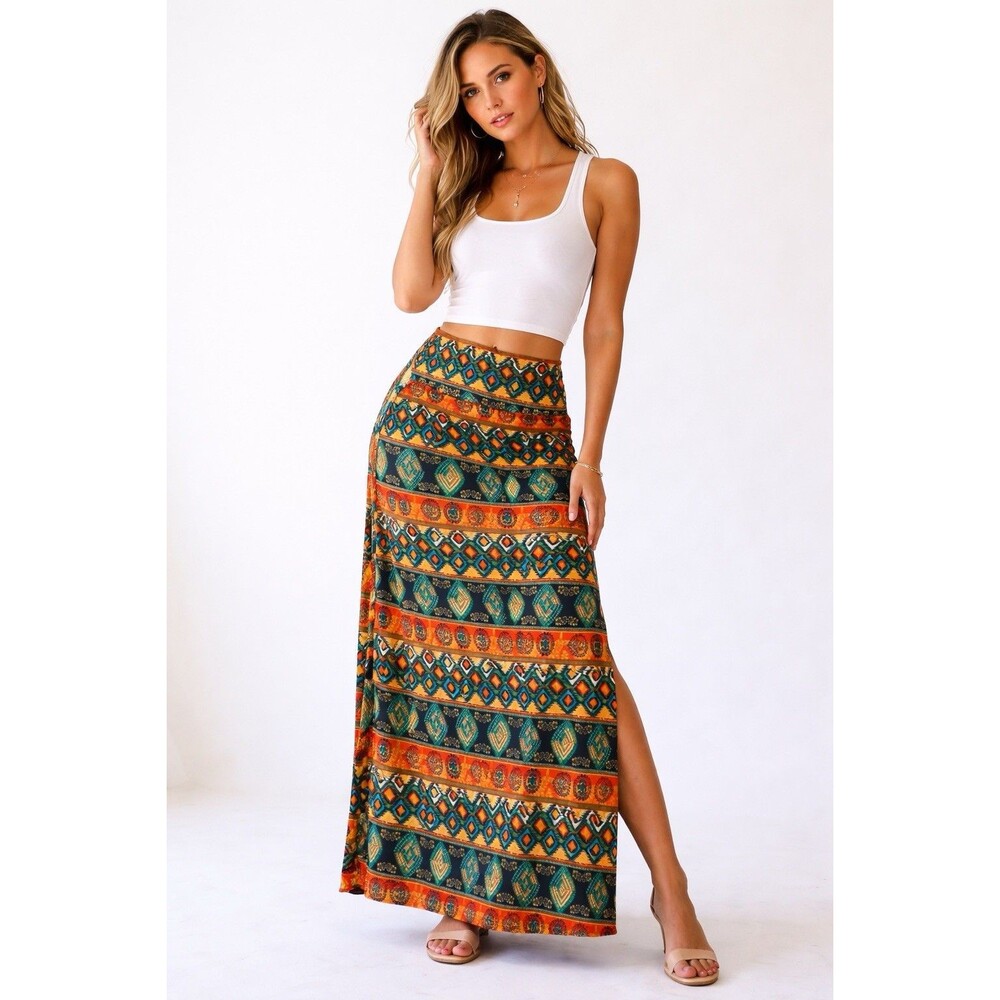 Boho Aztec Tribal Print Skort Maxi Length Orange Teal Stretch Waist Medium